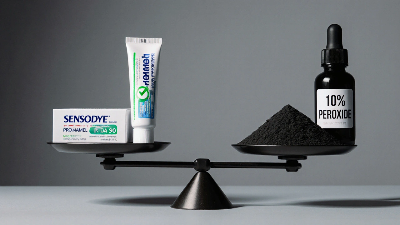 Váha s bezpečnou zubní pastou na jedné straně a nebezpečnými látkami na druhé.