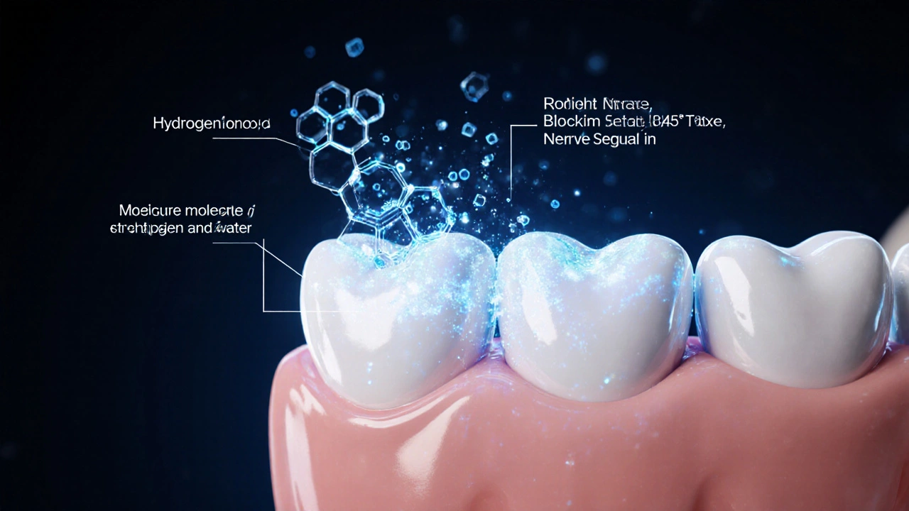 Vnitřní struktura zubu s molekulami bělícího gelu a obnovou skloviny.