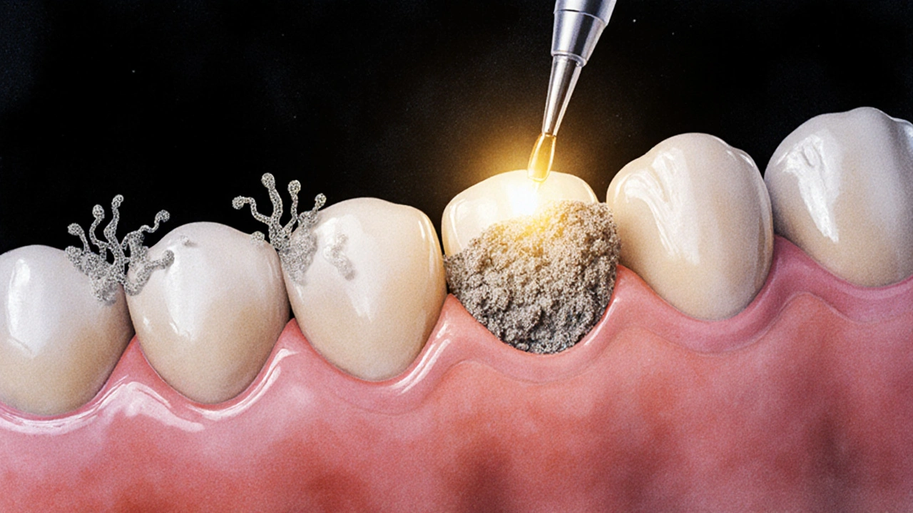 Vývoj zubního kamene pod dásněmi a jeho prevence profesionálním čištěním.