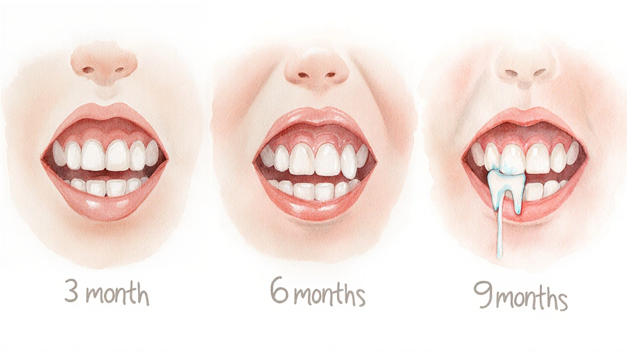 Vývojová škála prvního zoubku od 3 do 9 měsíců.