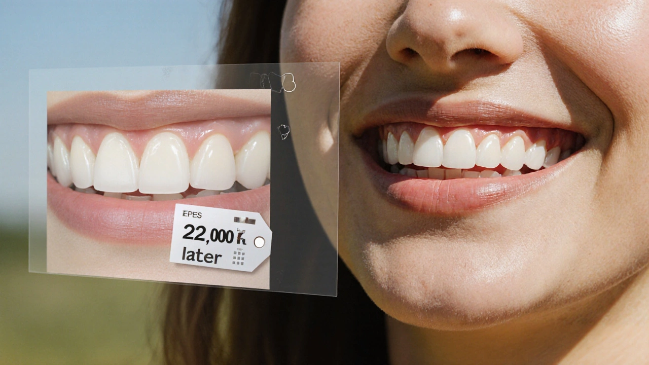 Woman smiling with enhanced teeth, transparent overlay revealing composite layer.