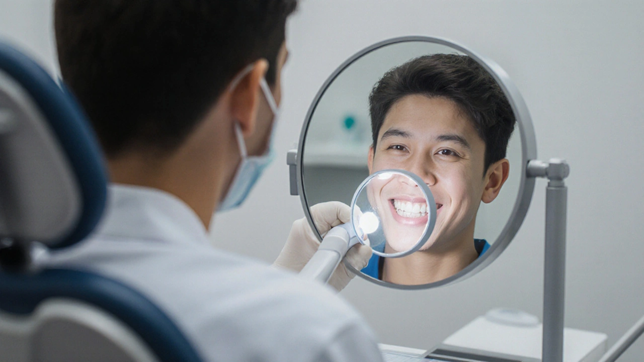 Zubař prohlíží bílé skvrny na zubech pomocí zvětšovacího zrcátka