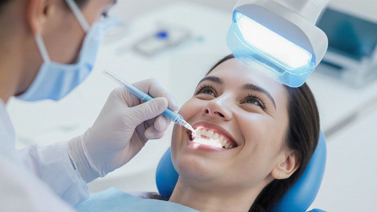 Zubní lékař aplikuje bělící gelem na zuby pacienta v ordinaci