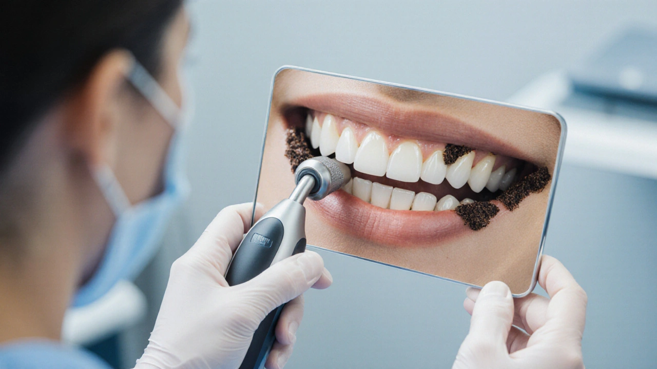 Zubní lékař odstraňuje tmavý zubní kámen z předních zubů ultrazvukovým přístrojem.