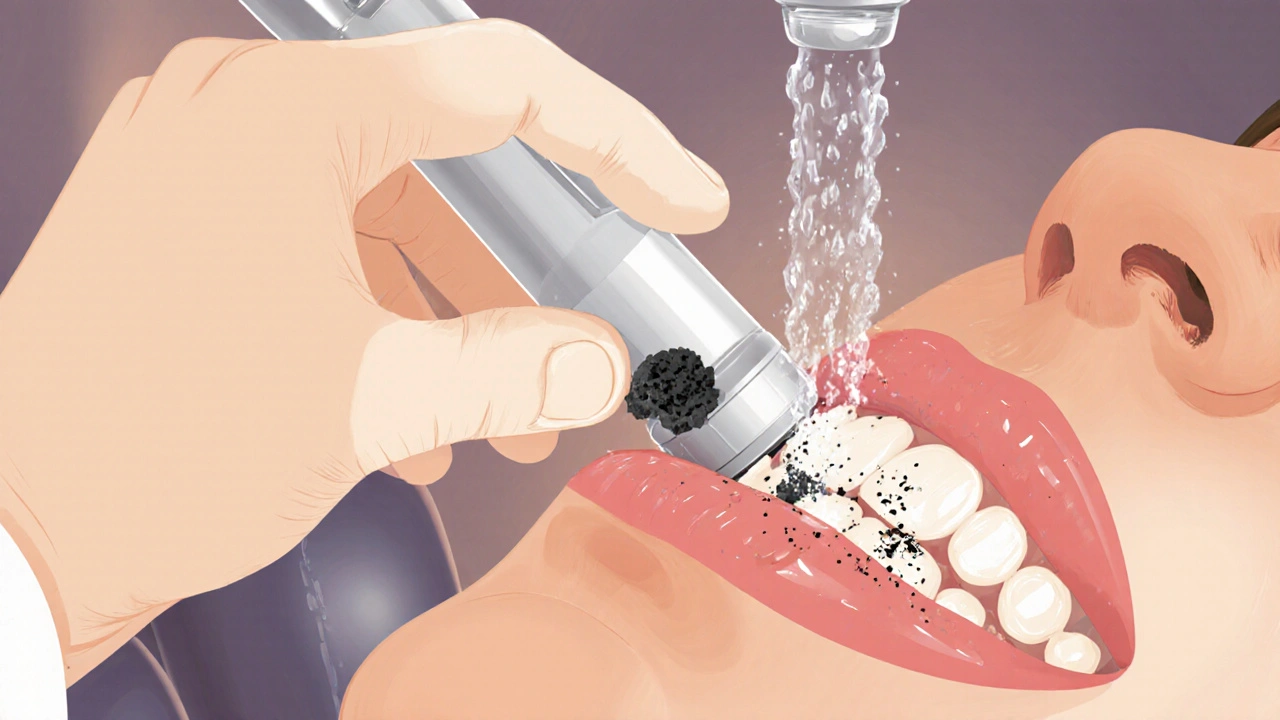 Zubní lékař odstraňuje zubní kámen ultrazvukovým přístrojem.