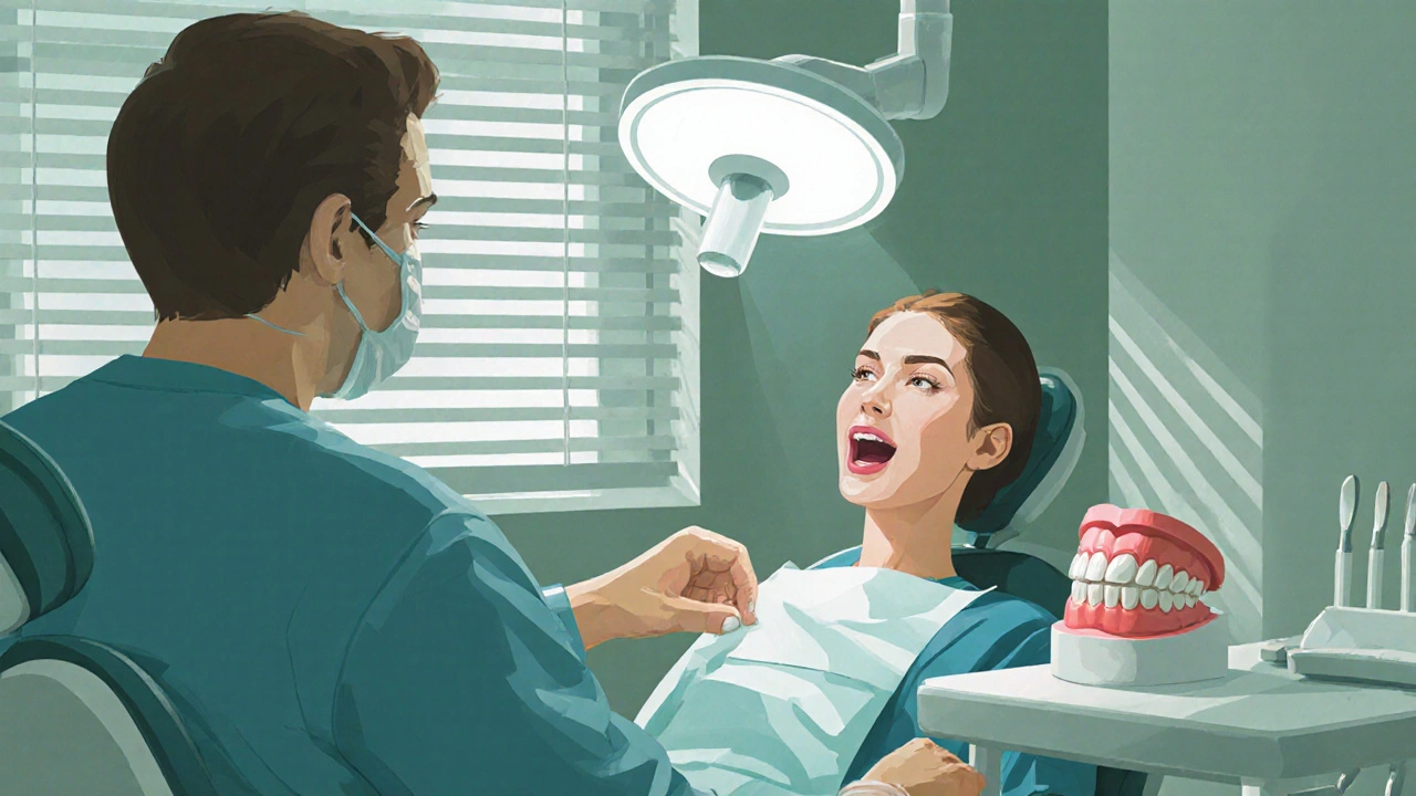 Zubní lékař prohlíží model zubů s diastémou v klinickém prostředí.