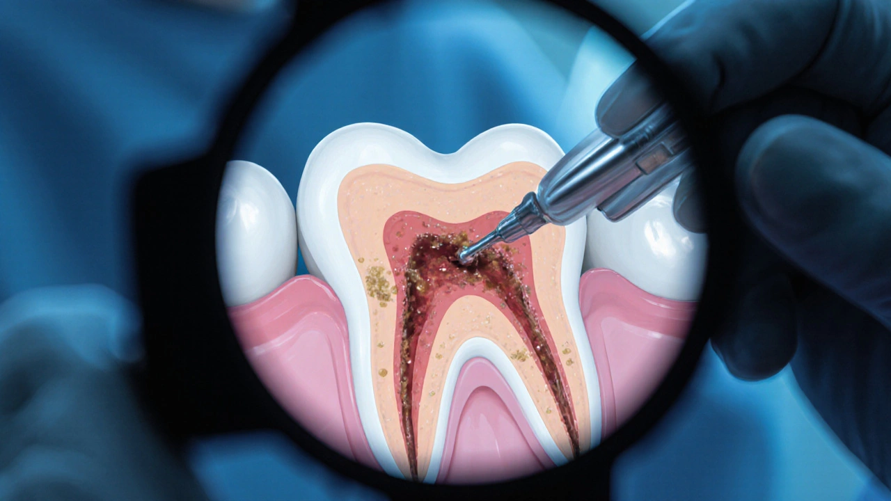 Zubní lékař provádí léčbu kořenového kanálku, viditelná infekce uvnitř zubu a sterilní nástroje.