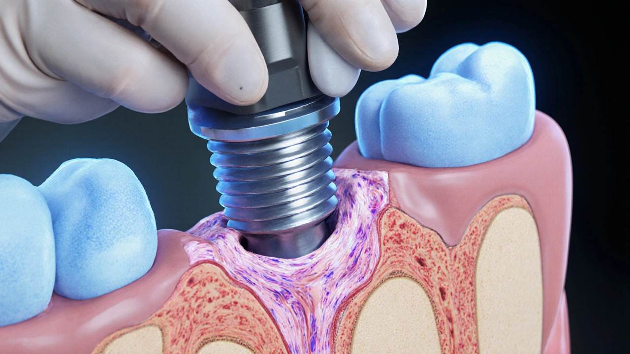 Zubní lékař vkládá implantát do čelisti, na pozadí 3D CT vyšetření.