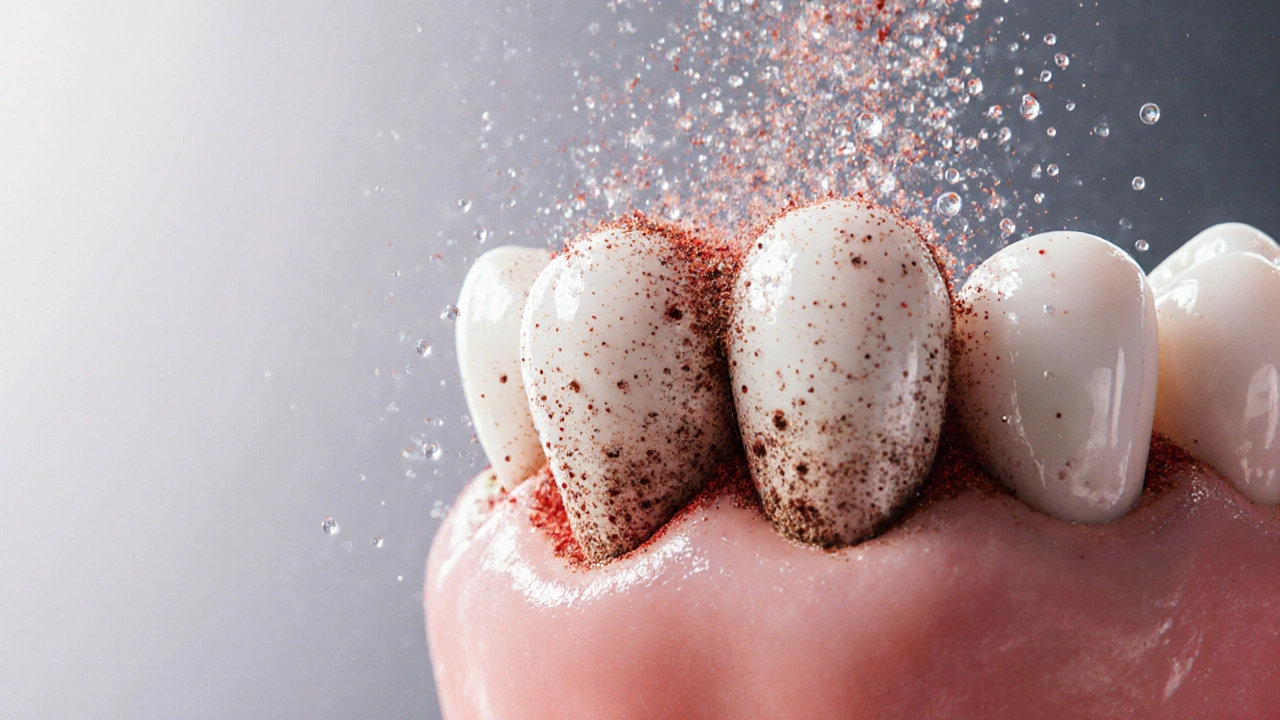 Zvětšený pohled na zub s odstraňováním skvrn mikroskopickými částicemi.