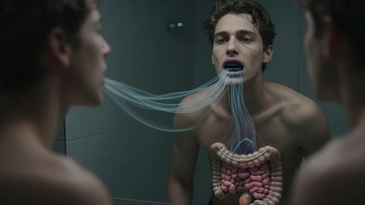 Člověk v zrcadle s černým zubním kamenem a bakteriálními vlákny vedoucími do břicha