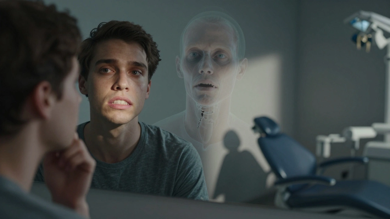 Člověk v zrcadle vidí svou zdravou budoucnost a ztrátu zubů jako stín minulosti.