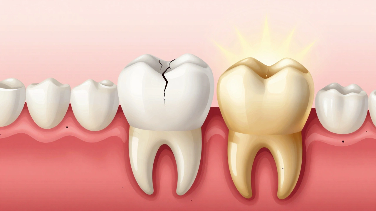 Cross-section of tooth showing damaged crown and gum inflammation next to a perfect gold crown.