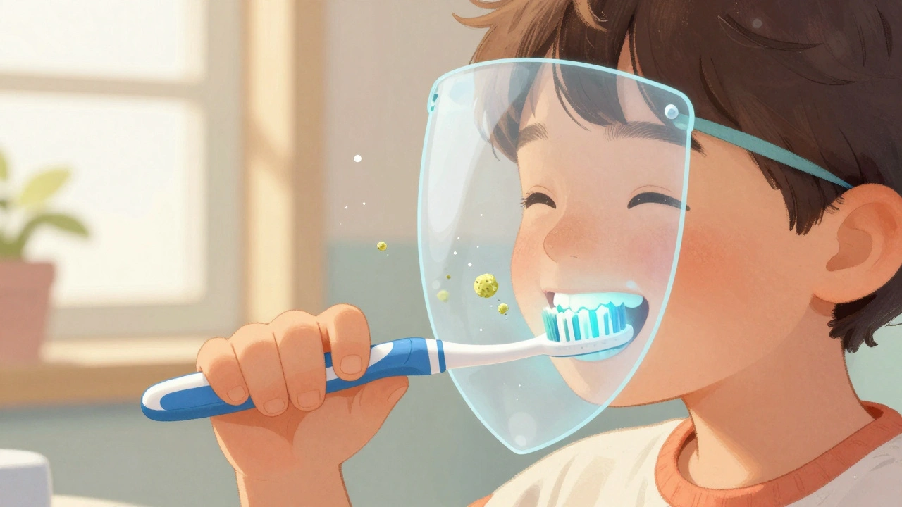 Dítě čistí zuby Curaprox kartáčkem, kolem dásní se objevuje jemné světlo ochrany.