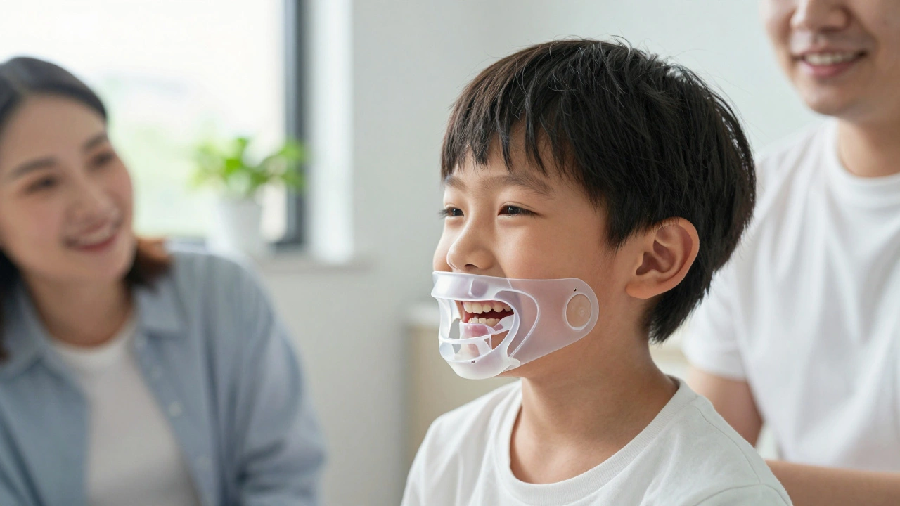 Dítě s průhledným ortopedickým zařízením na patře smíře.