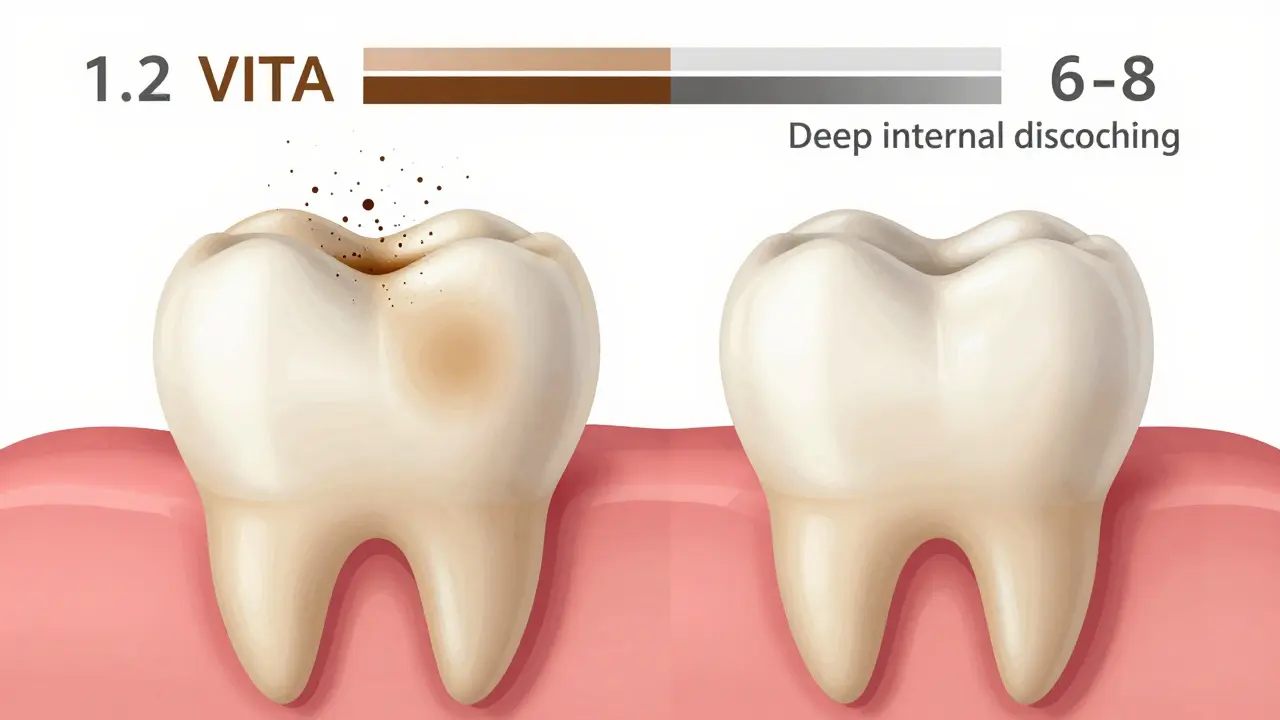 Dva zuby vedle sebe: jeden s povrchovými skvrnami, druhý s hlubokým zbarvením, které pastou neovlivněno.