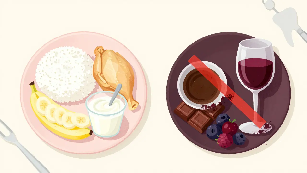 Dvě misky: bezbarvá jídla po hygieně a barvivé potraviny, které se mají vynechat.