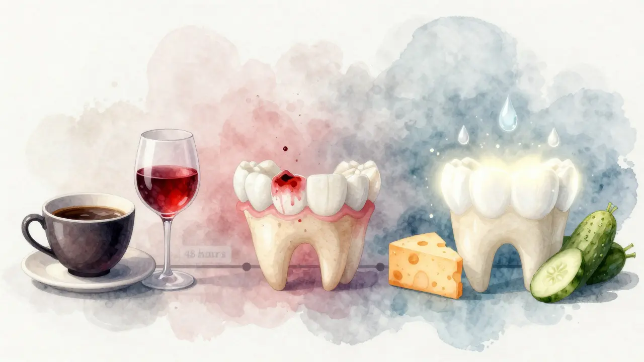 Ilustrace porovnávající škodlivé a bezpečné potraviny po bělení zubů.
