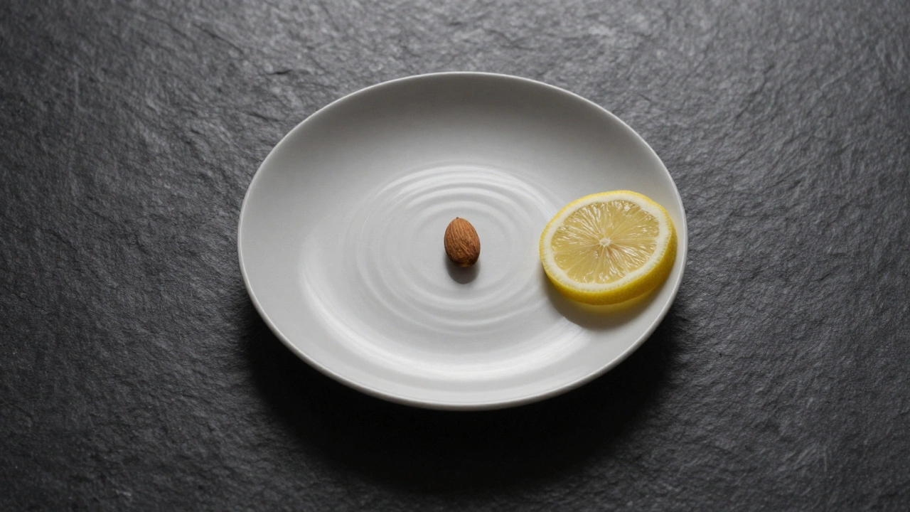 Jeden oříšek a kousek citronu na tmavém povrchu jako symbol přípravy na jídlo.