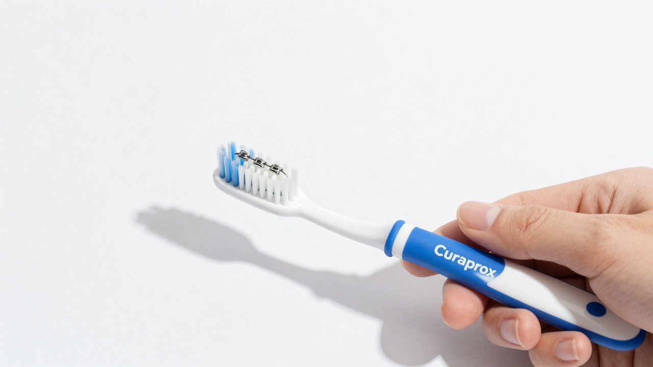 Kartáček Curaprox pro ortodontické aparáty s brýlemi přizpůsobenými k drátům a zámkům.