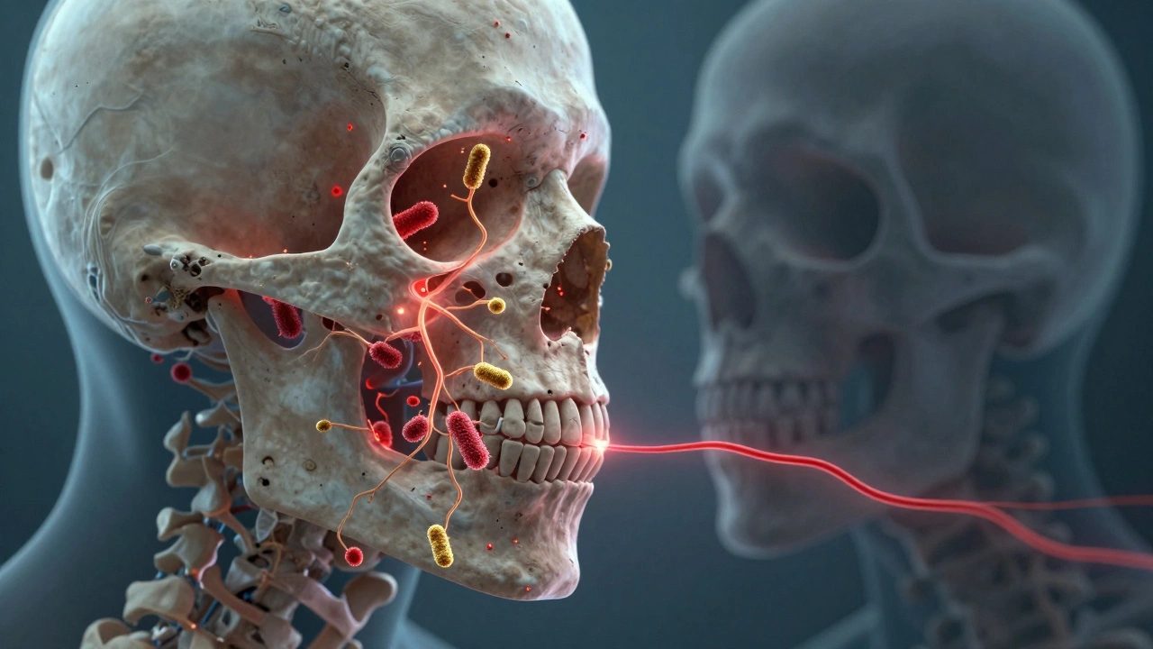Konceptuální obrázek ničené čelistní kosti bakteriální infekcí.