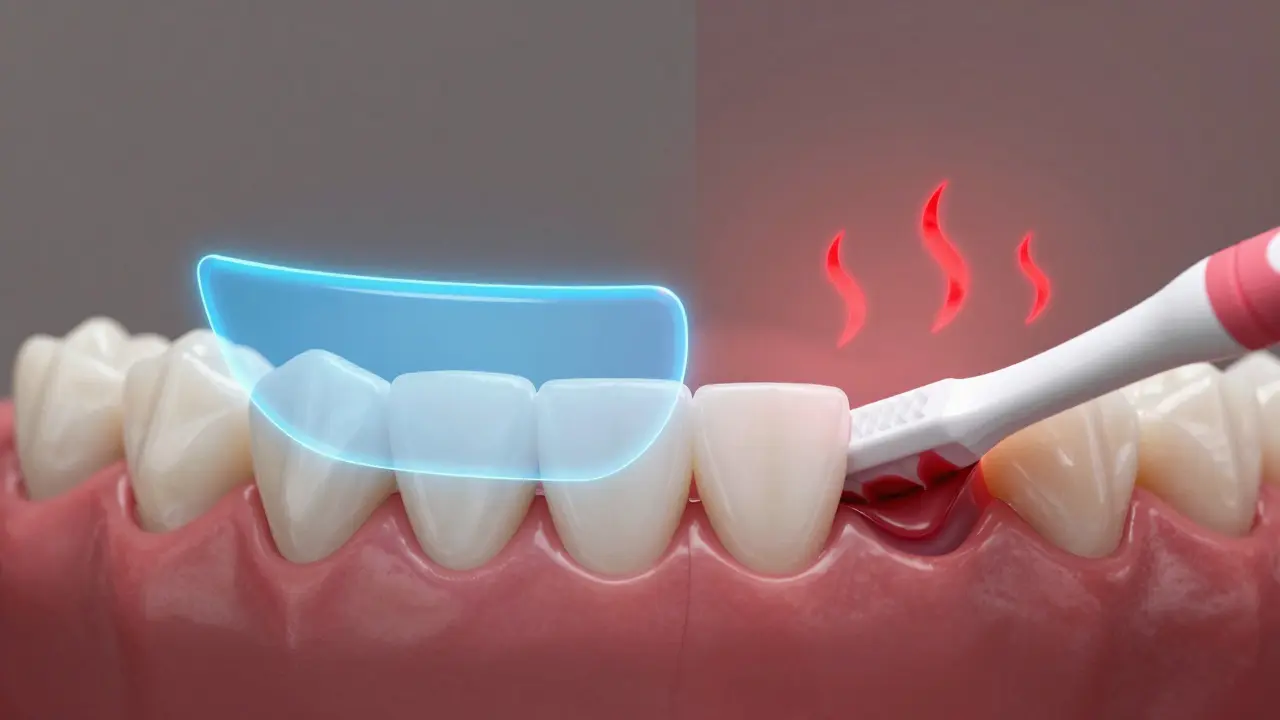 Kontrast mezi zdravými a poškozenými dásněmi při používání mezizubního kartáčku.