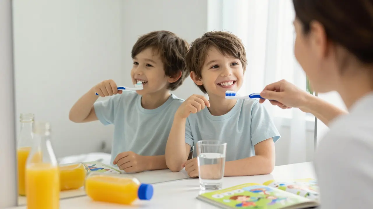 Matka a dítě čistí zuby spolu před zrcadlem večer, symbolizujíce správnou hygienu a předcházení kazům.