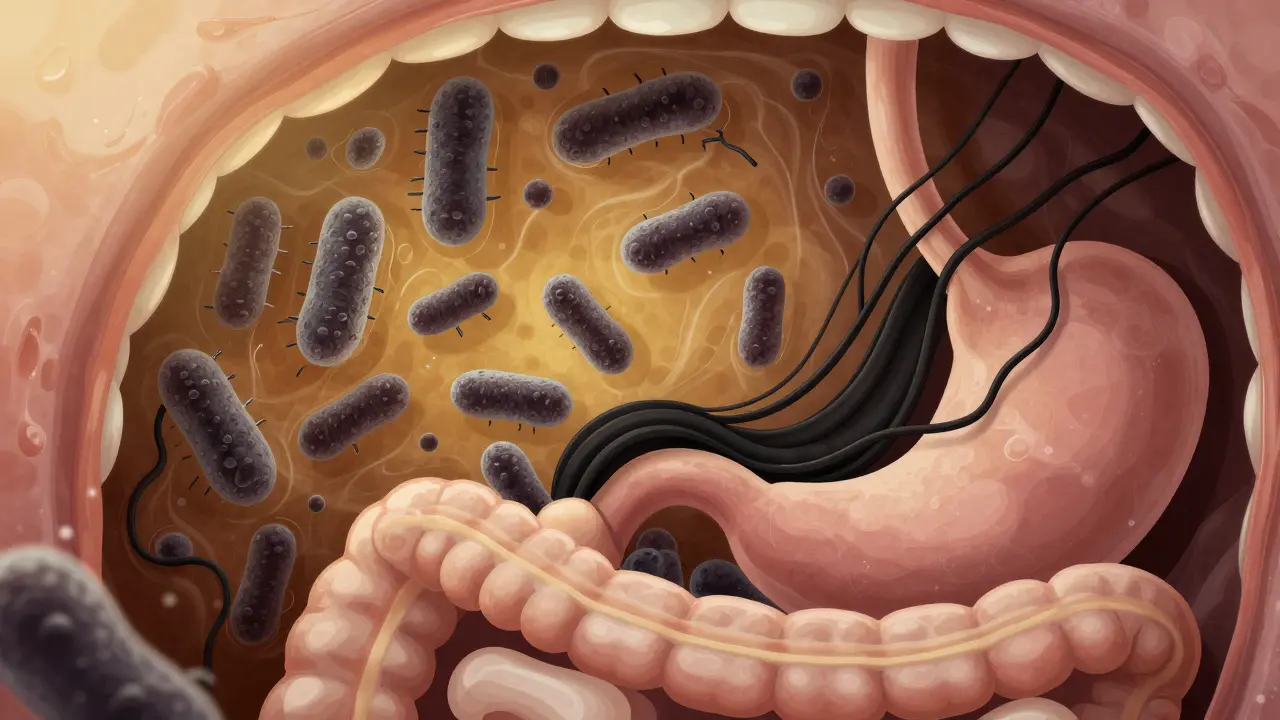 Mikroskopický pohled na bakterie v ústech a jejich cestu do trávicího traktu
