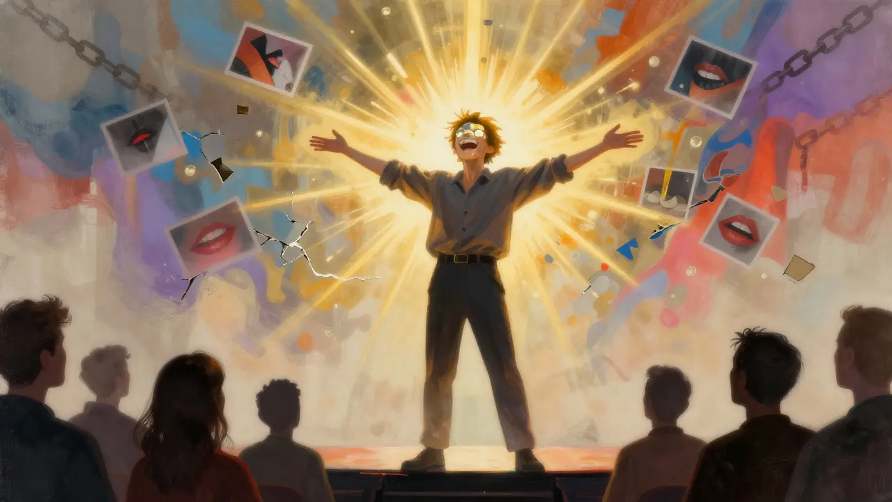 Muž směje se na pódiu, jeho úsměv vysvětluje světlo a symbolizuje sebevědomí.