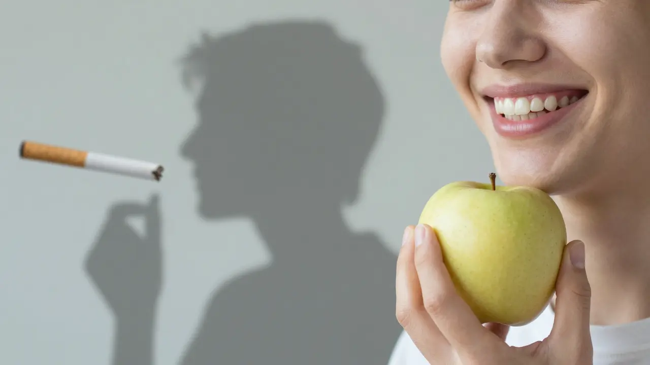 Osoba se usmívá po týdnu hojení, drží měkké ovoce, zdravé dásně jsou viditelné.