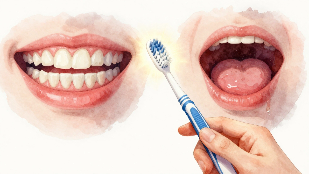 Porovnání poškozeného běžného kartáčku a celého Curaproxu s označením zdravých dásní.