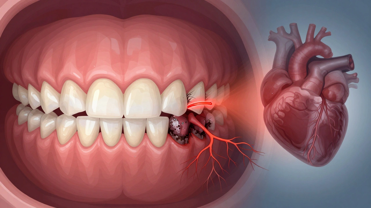 Porovnání zdravých a zánětlivých dásní s bakteriemi šířícími se do těla.