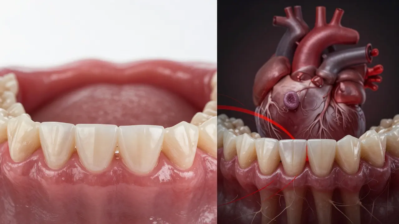 Porovnání zdravých zubů a zubů poškozených parodontitidou s přenosem bakterií do těla.