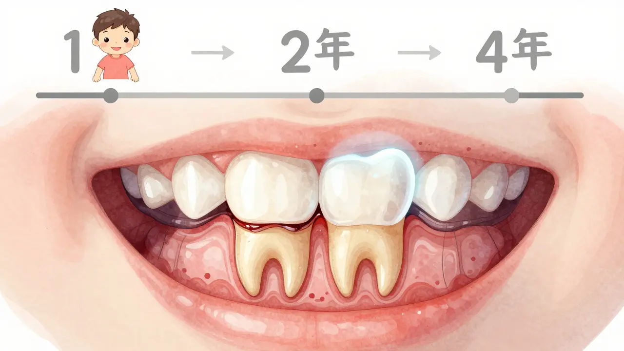Přehled dětského ústního systému: mléčné zuby s kazem a pod nimi vyvíjející se trvalé zuby s fluoridovou ochranou.