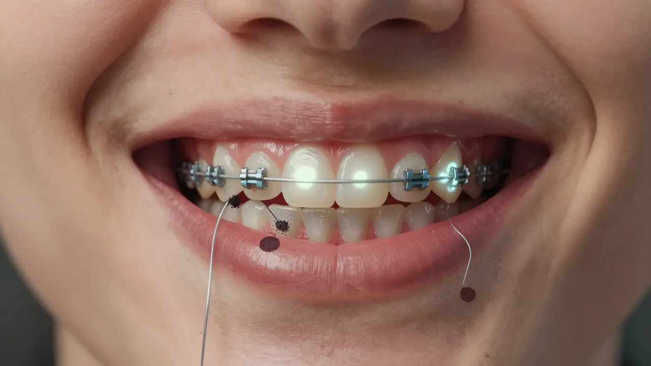 Přehled ústní dutiny s bílými skvrnami a plakem kolem zámků rovnátka, symbolizující následky špatné hygieny.