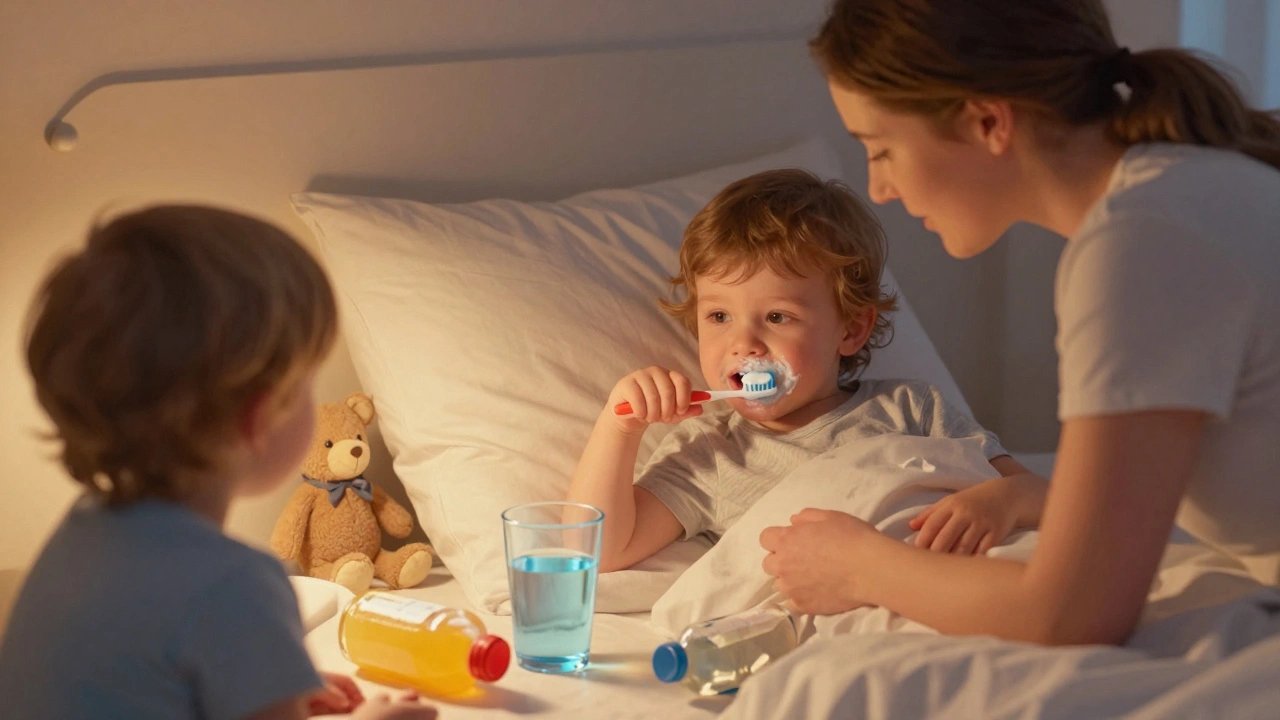 Rodič čistí zuby malému dítěti večer, zatímco odložená lahve s džusem leží v koši.