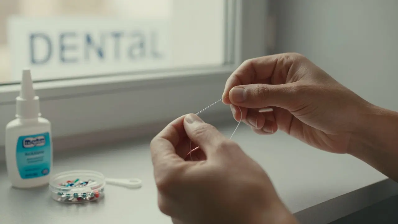 Ruce vyměňují prasklou gumičku na rovnátku, na pozadí jsou vidět další nástroje pro péči o zuby.