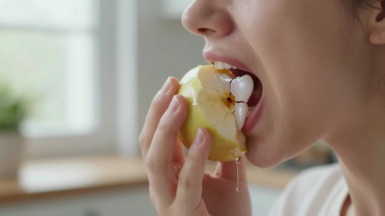 Ruka drží jablko, zatímco pod kůží je vidět skrytá prasklina v zubu.