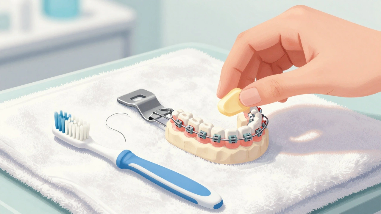 Ruka přikládá voskovou destičku na uvolněný prvek rovnátka.