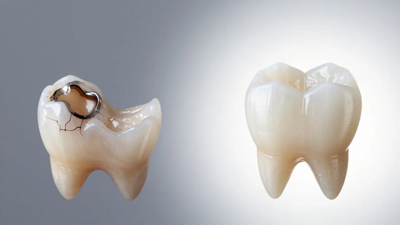 Side-by-side comparison of old amalgam filling and modern ceramic onlay in a smile.