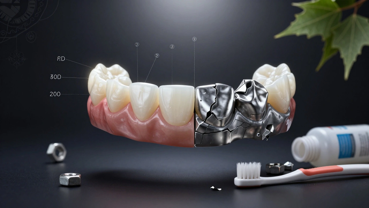 Split crown: one side pristine with digital tech, other side broken with bad habits around it.