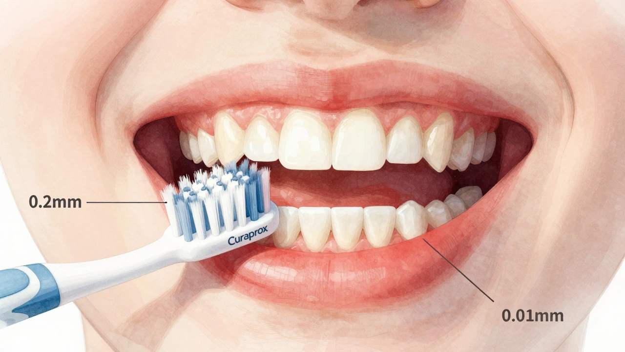 Srovnání běžného a Curaprox kartáčku: tenké štětce čistí mezizubní prostory bez poškozování dásní.