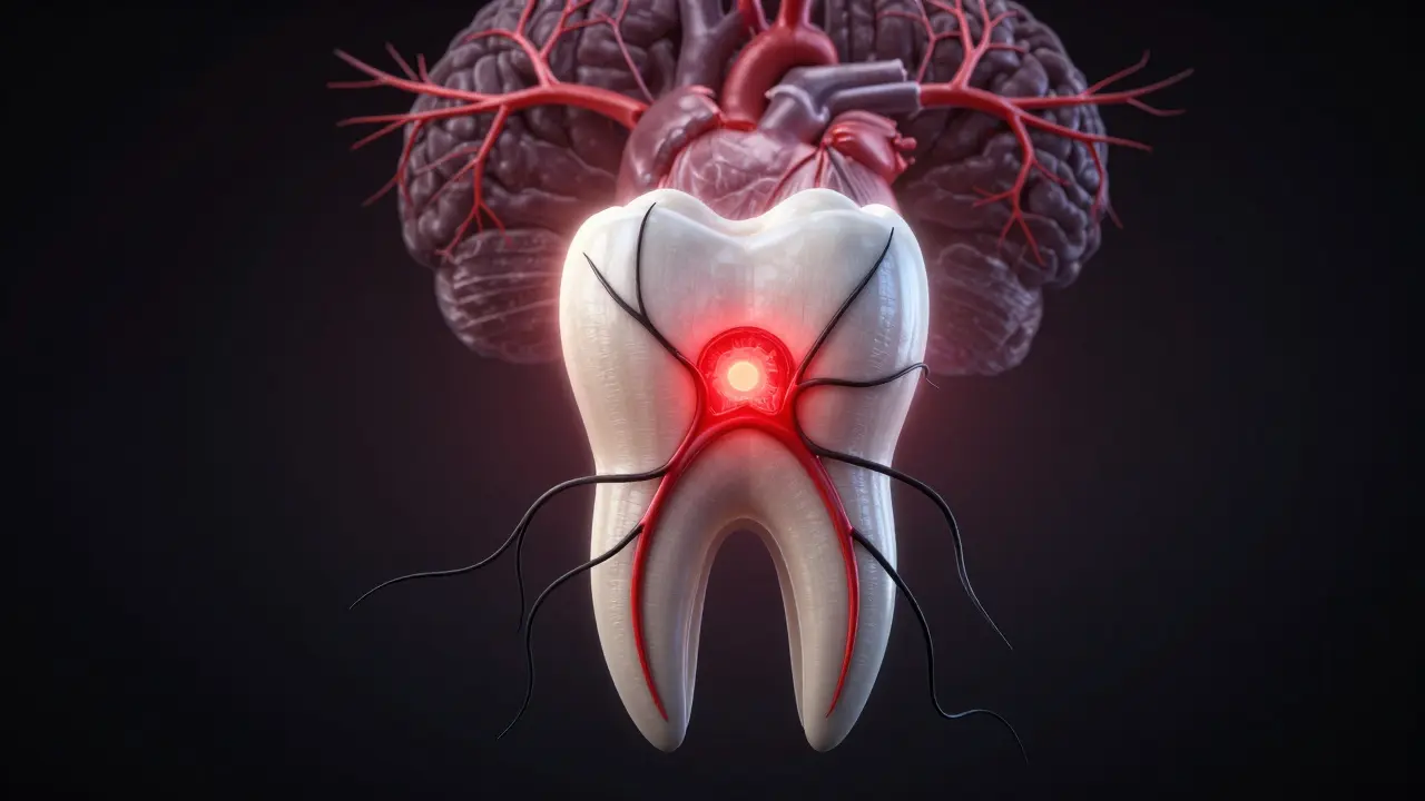 Symbolický obraz infekce zubu šířící se do čelisti, mozku a srdce.