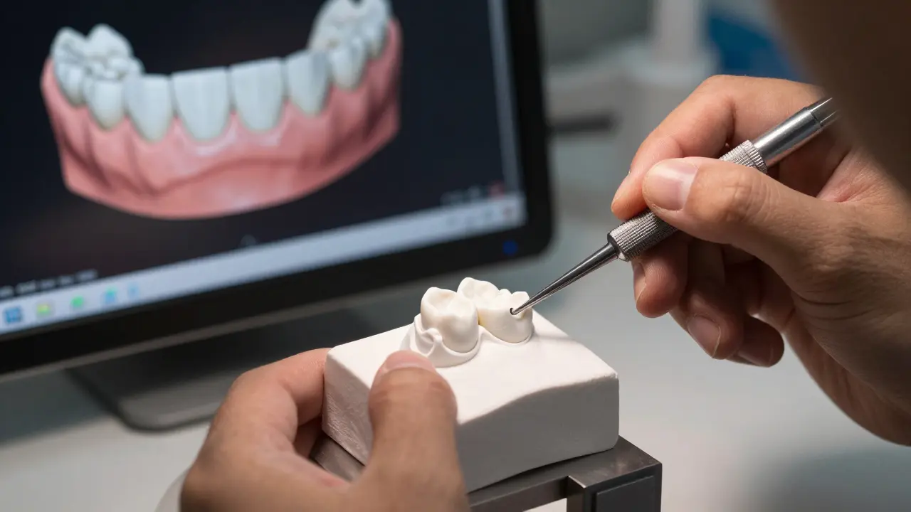 Technician polishing a zirconia dental onlay in a laboratory.