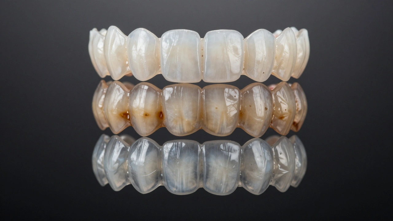 Three layers showing composite veneer aging over time with discoloration and wear.