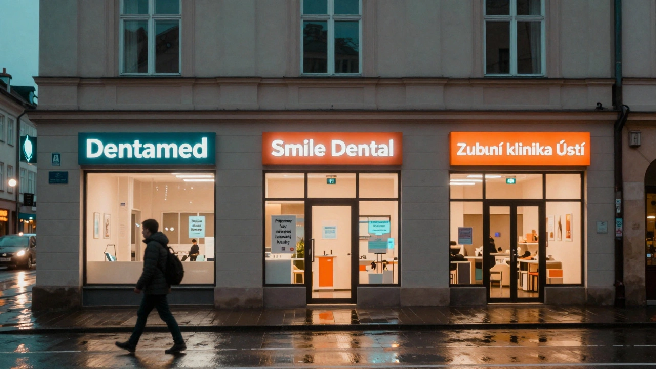 Tři zubní kliniky v Ústí nad Labem s nápisem, že přijímají losy na zirkonové korunky.