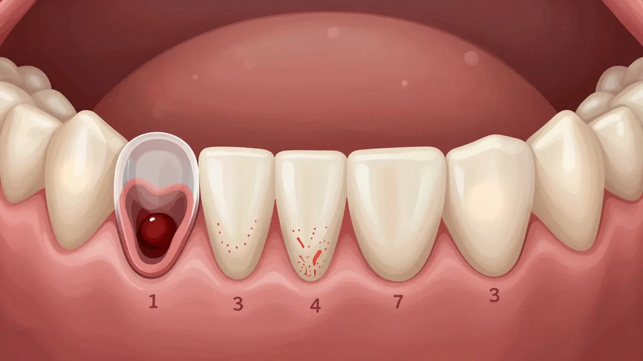 Vnitřní pohled na hojení dásně po extrakci: krevní sraženka, tkáň a kost se postupně obnovují.