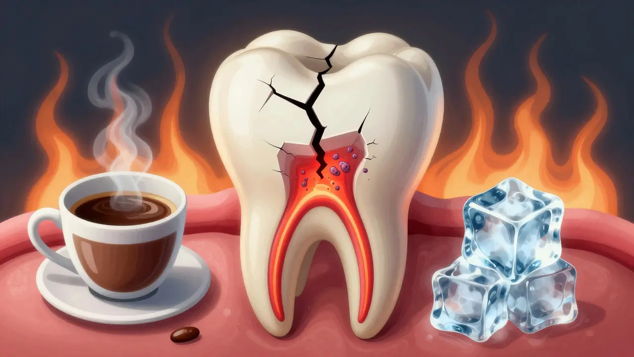 Vnitřní zubní nerv září při kontaktu s teplým a studeným jídlem, viditelná prasklina.