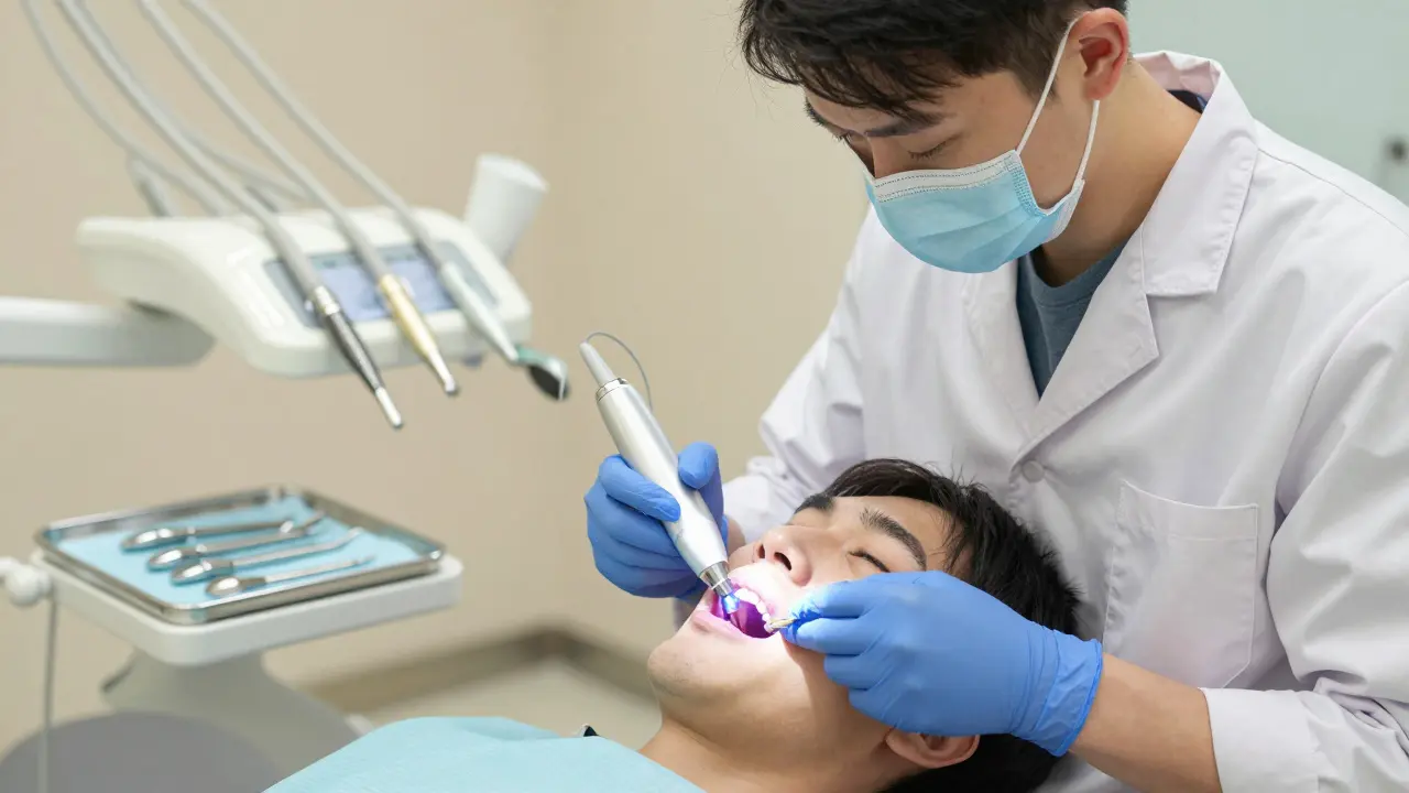 Zubní hygienička odstraňuje kámen ultrazvukovým nástrojem v klinice.