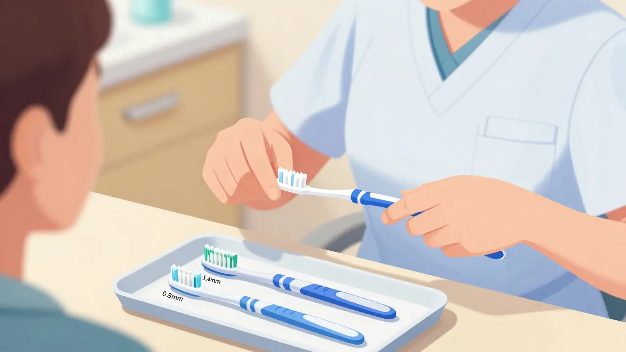 Zubní hygienistka ukazuje tři velikosti mezizubních kartáčků a správný pohyb.