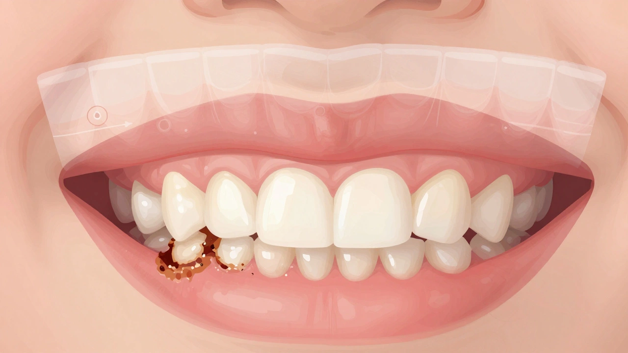 Zubní kámen jako tmavý nános na zubech dítěte u dásní, s přehledem jeho vzniku.